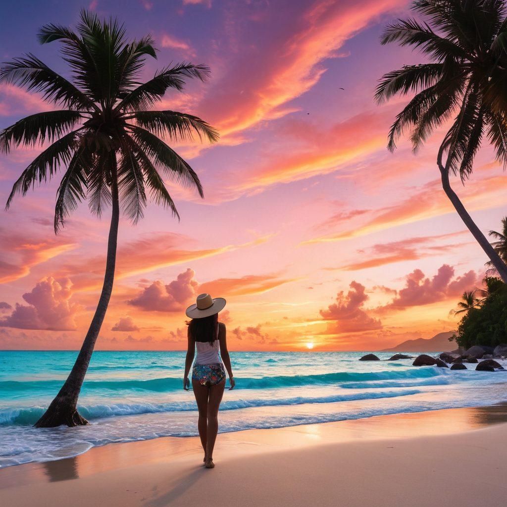 A breathtaking tropical shoreline with crystal clear turquoise waters lapping against pristine white sands, dotted with lush green palm trees swaying gently in the breeze. In the foreground, a silhouette of an adventurous explorer, wearing a wide-brimmed hat and holding a compass, gazes out toward the horizon. Vibrant seashells and colorful tropical flowers pepper the sand, inviting exploration. The sky is painted with a brilliant sunset, casting golden and pink hues over the scene. super-realistic. vibrant colors. tropical theme.
