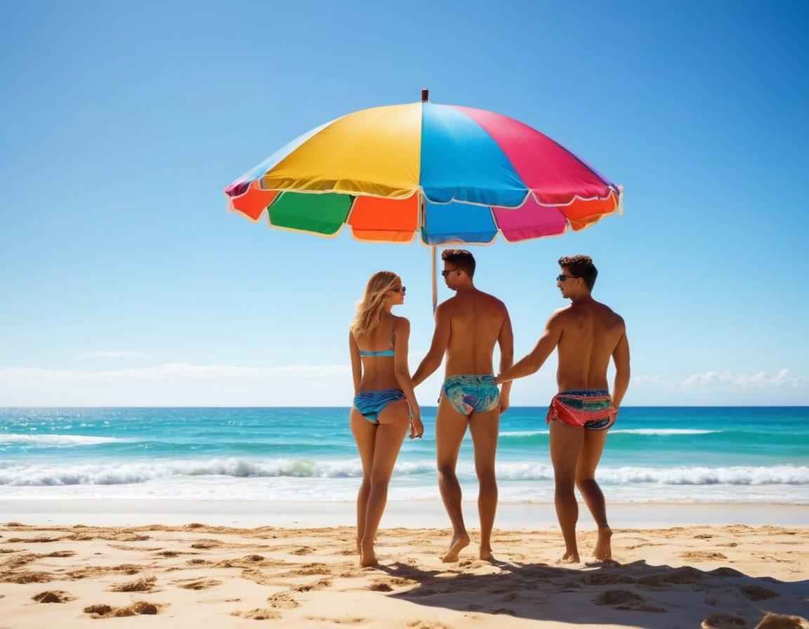 A stylish beach scene featuring fashionable swimwear hanging on a colorful beach umbrella, with a backdrop of gentle waves and a bright blue sky. Capture joyful moments like friends playing beach volleyball and couples walking hand-in-hand along the shore. Include essentials like sunglasses and beach towels scattered artistically in the sand, evoking a sense of bliss and fun. vibrant colors. super-realistic.