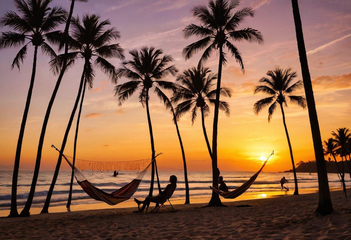A serene beach scene featuring golden sands, gentle waves lapping at the shore, and a vibrant sunset casting warm hues. Include a group of friends joyfully playing beach volleyball, with palm trees swaying in the background. Capture the essence of adventure with a surfboard propped up, a hammock strung between palm trees, and colorful beach towels spread out. The atmosphere should radiate happiness and freedom. surrealism. warm colors. vibrant beach setting.